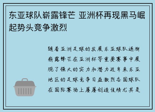 东亚球队崭露锋芒 亚洲杯再现黑马崛起势头竞争激烈