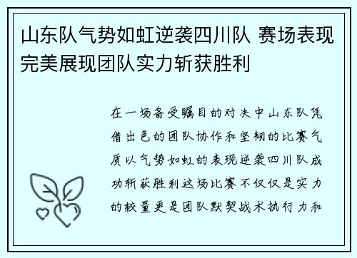 山东队气势如虹逆袭四川队 赛场表现完美展现团队实力斩获胜利