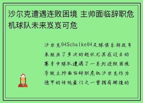 沙尔克遭遇连败困境 主帅面临辞职危机球队未来岌岌可危