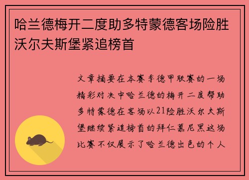 哈兰德梅开二度助多特蒙德客场险胜沃尔夫斯堡紧追榜首