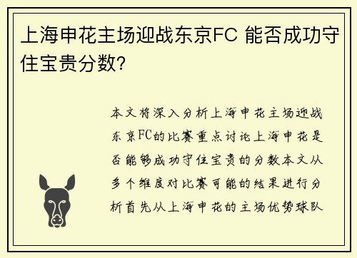 上海申花主场迎战东京FC 能否成功守住宝贵分数？