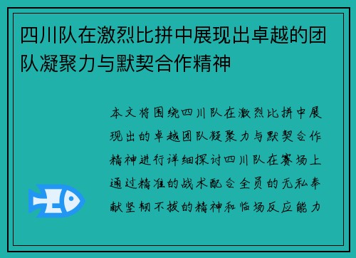 四川队在激烈比拼中展现出卓越的团队凝聚力与默契合作精神