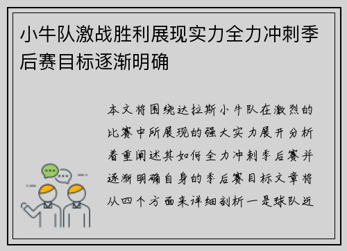 小牛队激战胜利展现实力全力冲刺季后赛目标逐渐明确